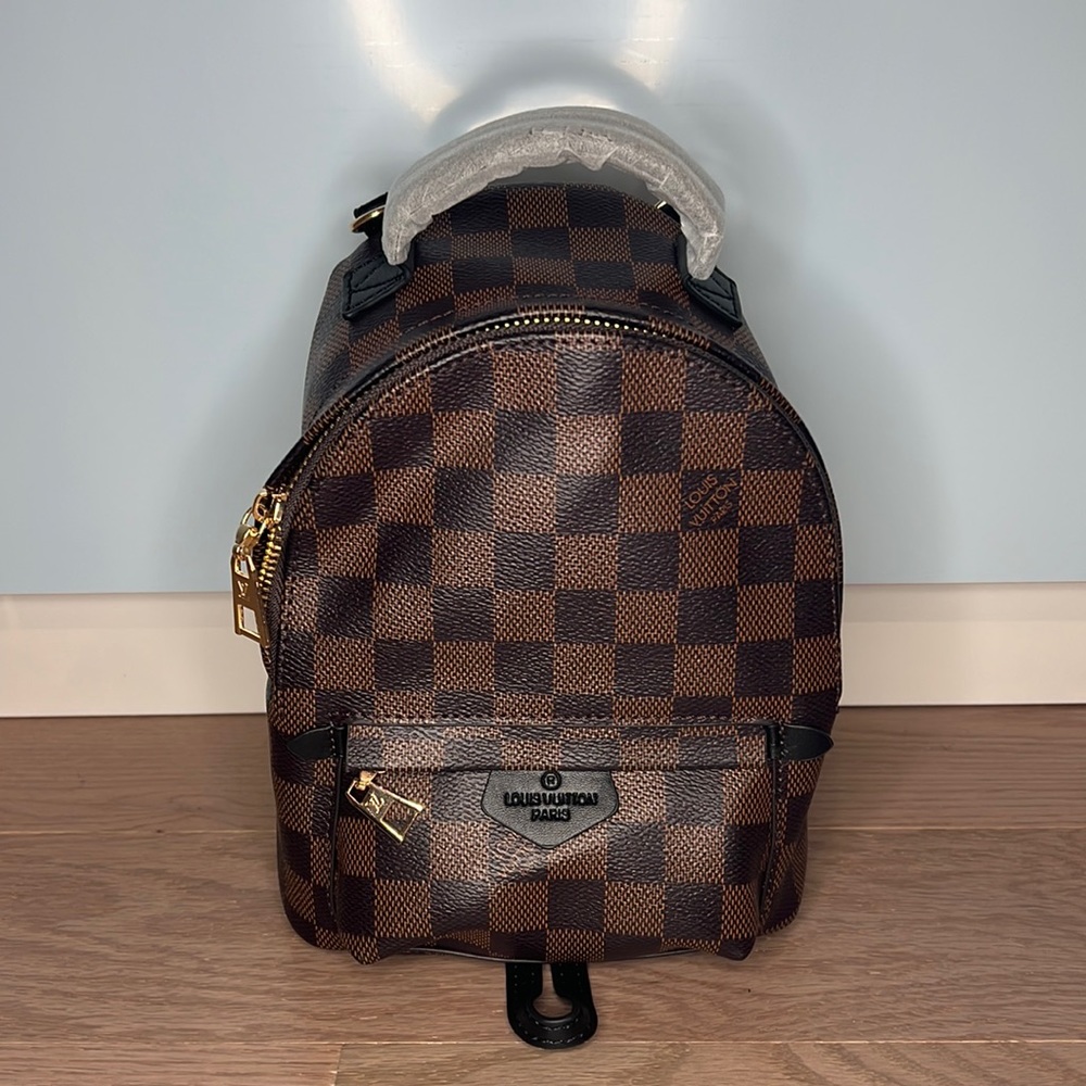 Brown Checkered Mini Backpack with Gold Hardware